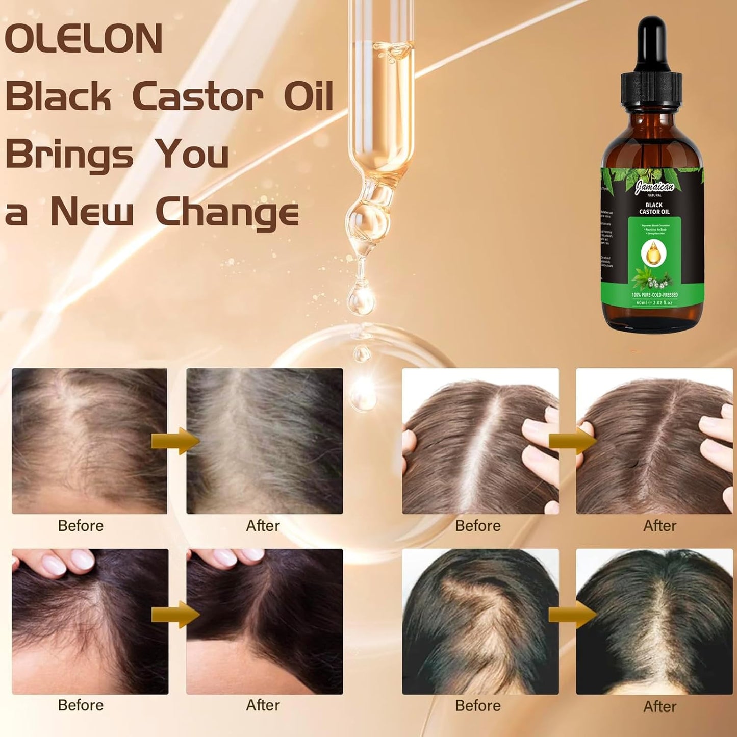 3 Pack Black Castor Oil for Hair Growth, 100% Pure and Natural Organic Castor Oil - OLELON