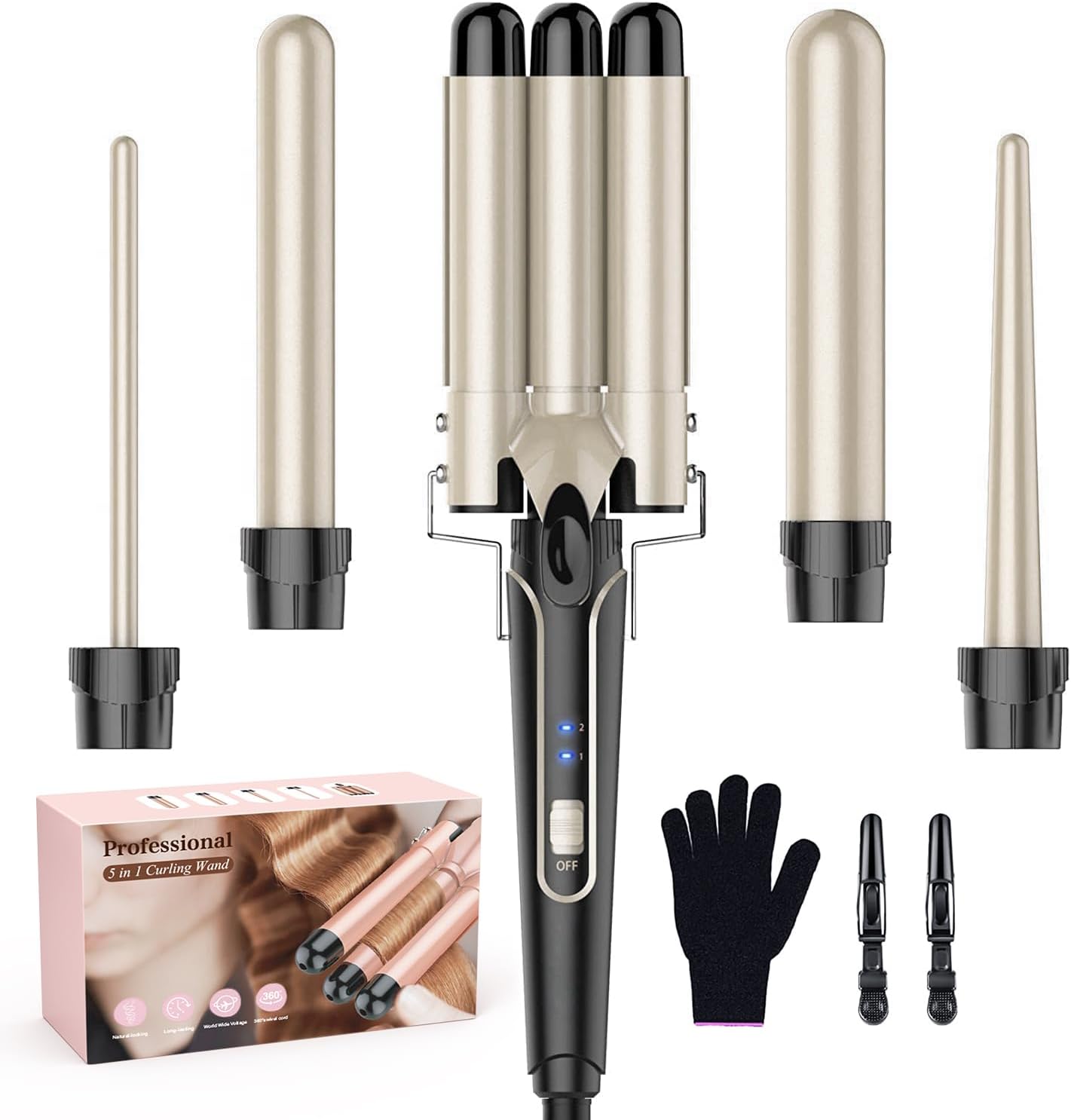 5 in 1 Waver Curling Iron Wand Set,Gold - OLELON