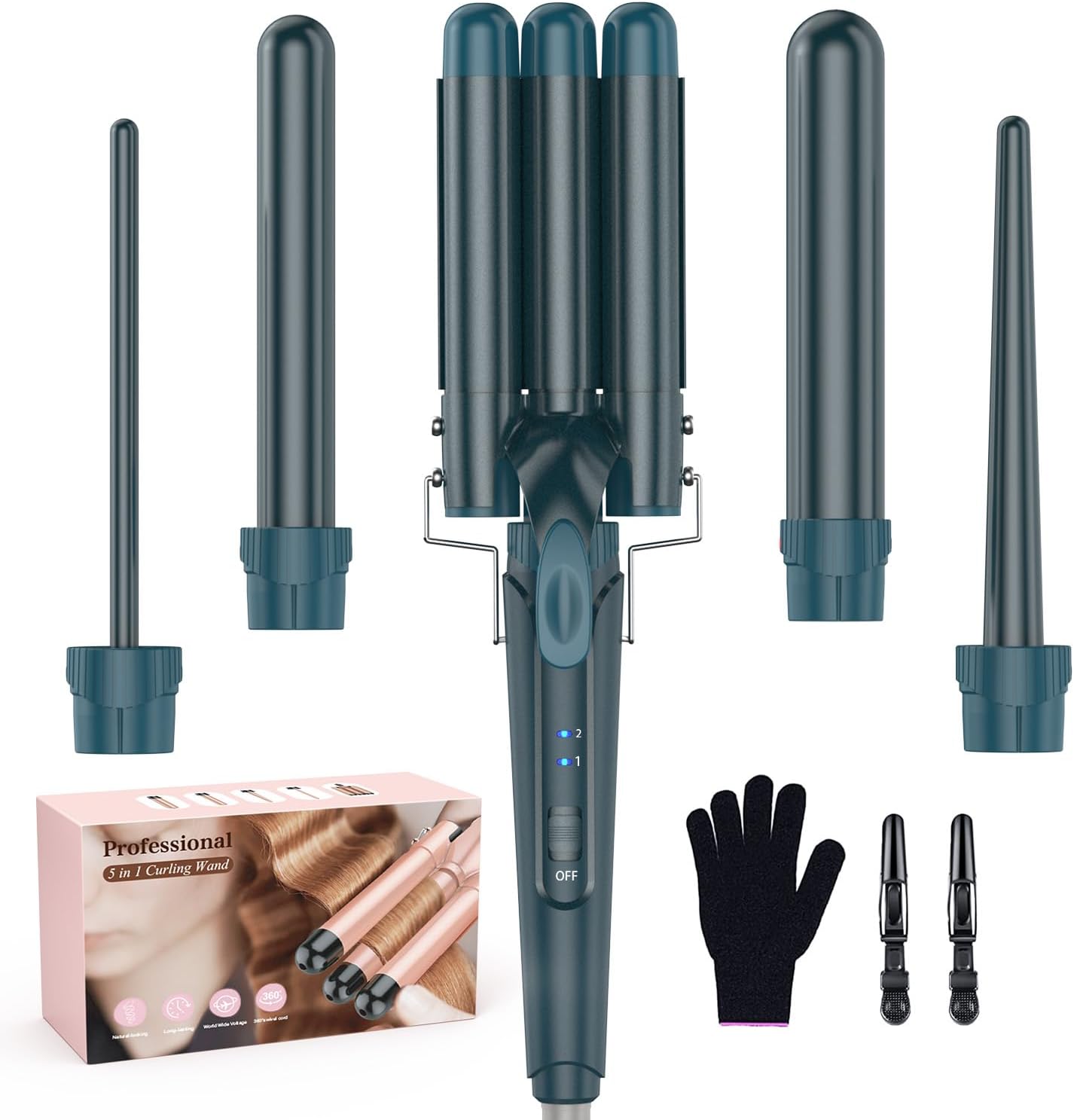 5 in 1 Waver Curling Iron Wand Set,Green - OLELON