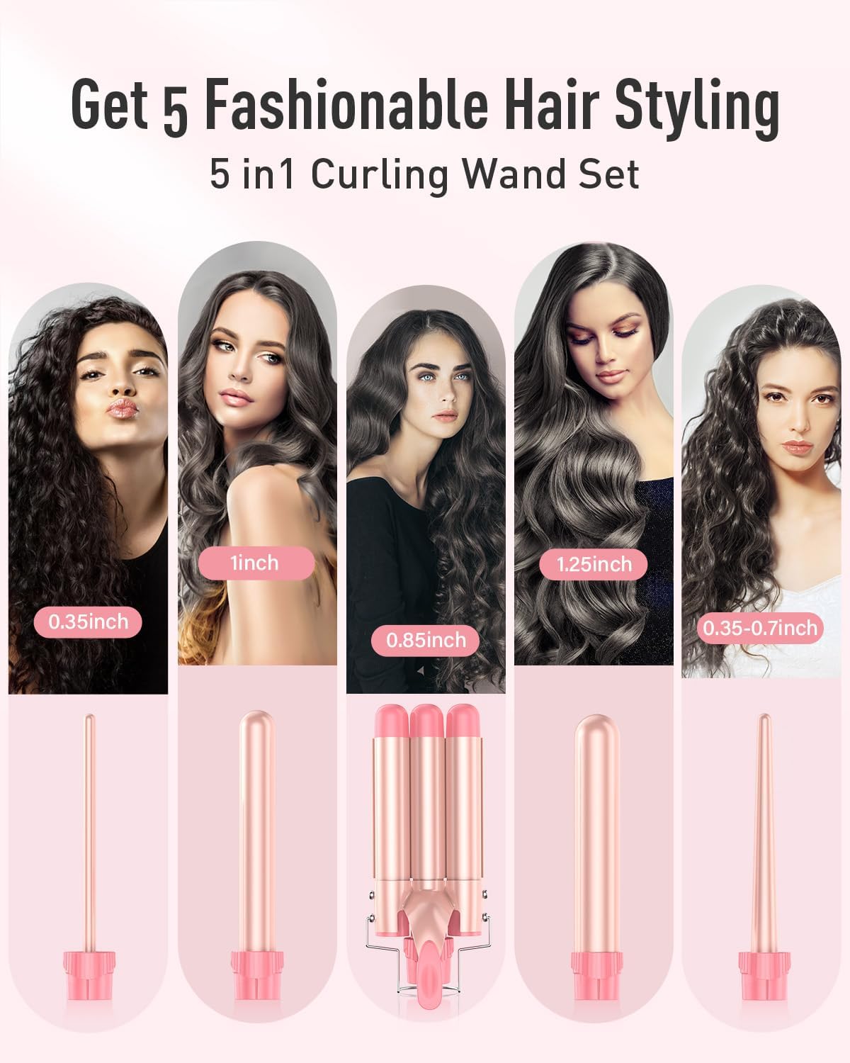 5 in 1 Waver Curling Iron Wand Set,Leather Pink - OLELON