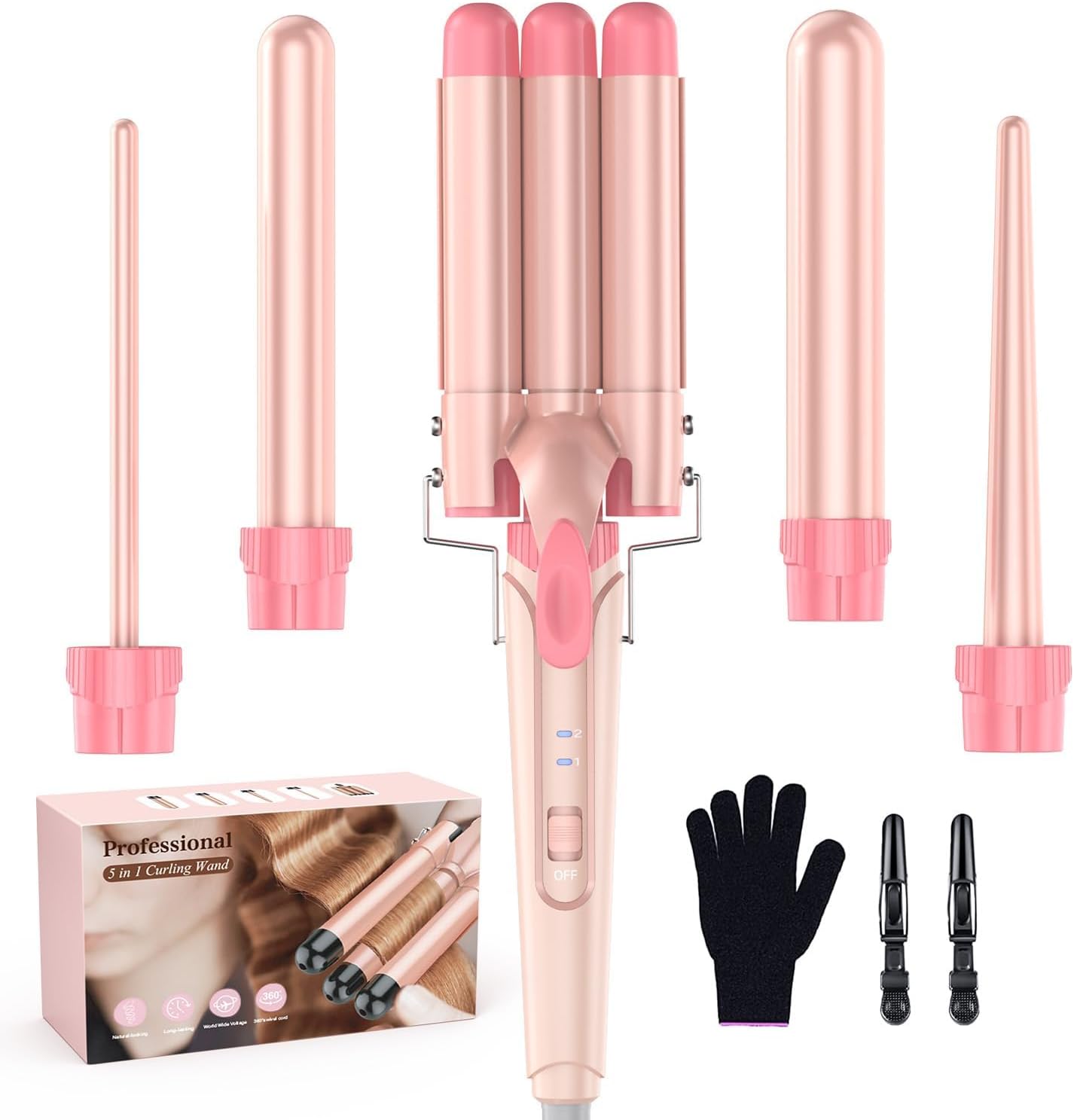 5 in 1 Waver Curling Iron Wand Set,Leather Pink - OLELON