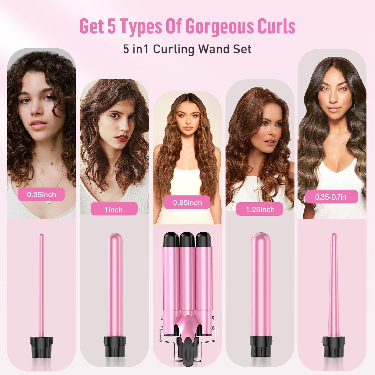 5 in 1 Waver Curling Iron Wand Set,Pink - OLELON