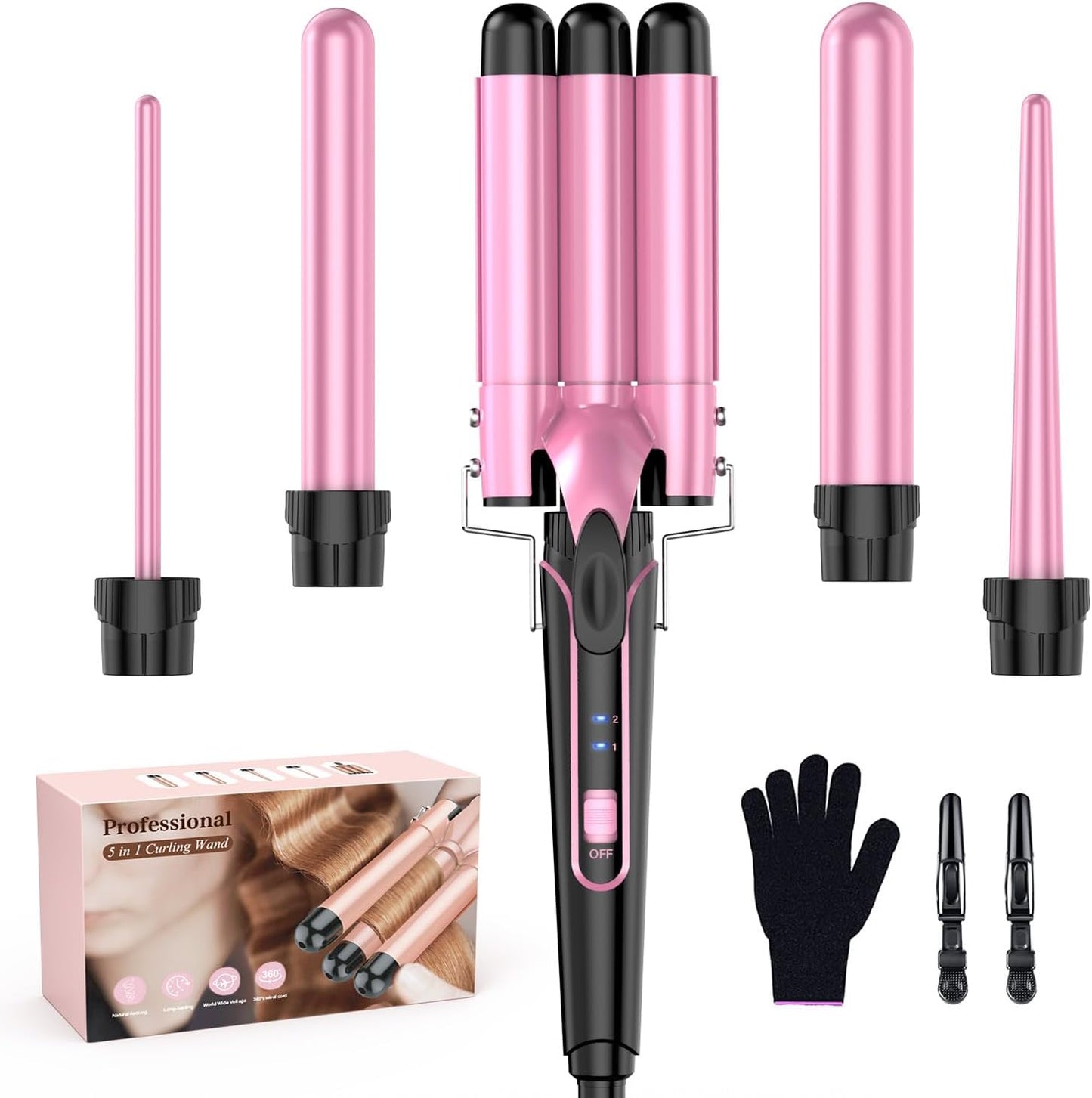 5 in 1 Waver Curling Iron Wand Set,Pink - OLELON