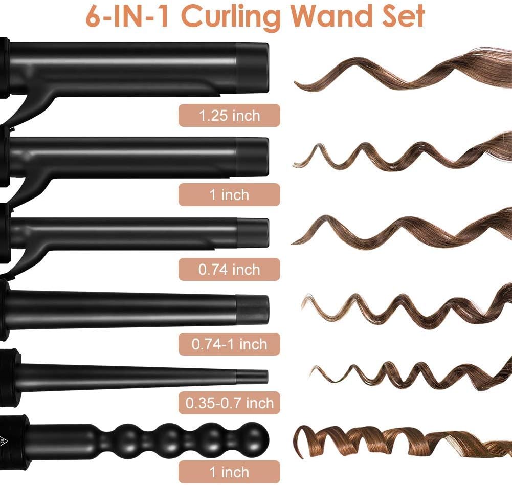 6-IN-1 Curling Iron with 2 Glove ＆ 2 Clips,Black - OLELON