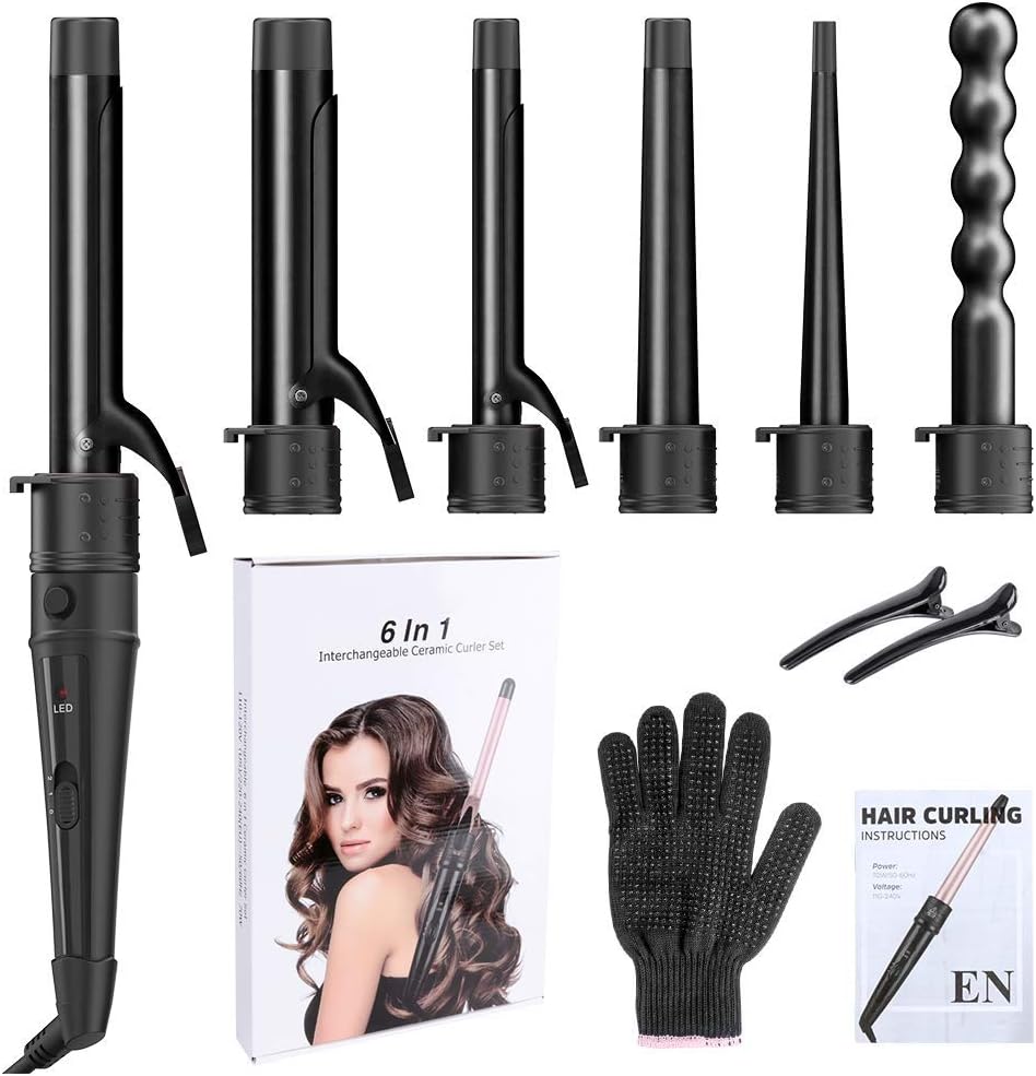 6-IN-1 Curling Iron with 2 Glove ＆ 2 Clips,Black - OLELON