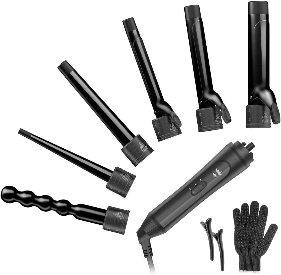 6-IN-1 Curling Iron with 2 Glove ＆ 2 Clips,Black - OLELON