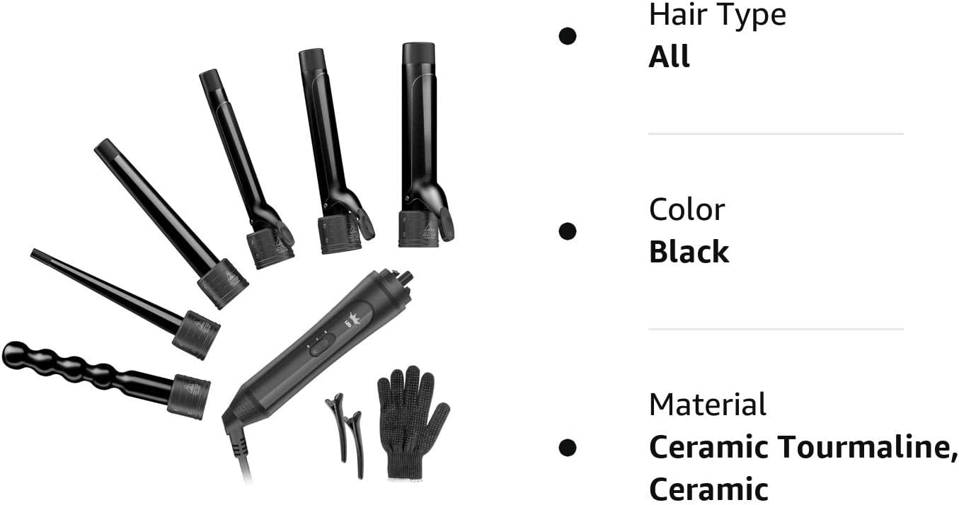 6-IN-1 Curling Iron with 2 Glove ＆ 2 Clips,Black - OLELON