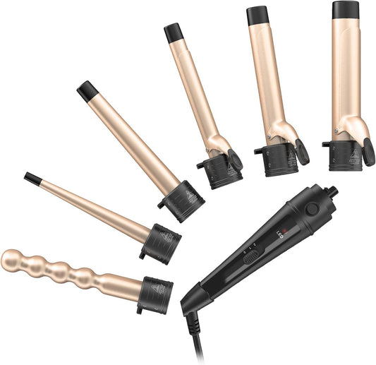 6-IN-1 Curling Iron with 2 Glove ＆ 2 Clips,Gold - OLELON