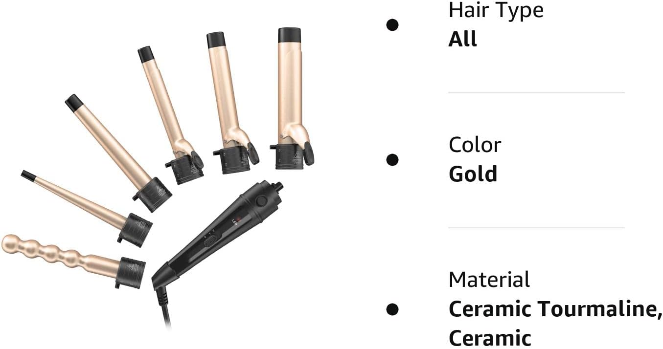 6-IN-1 Curling Iron with 2 Glove ＆ 2 Clips,Gold - OLELON