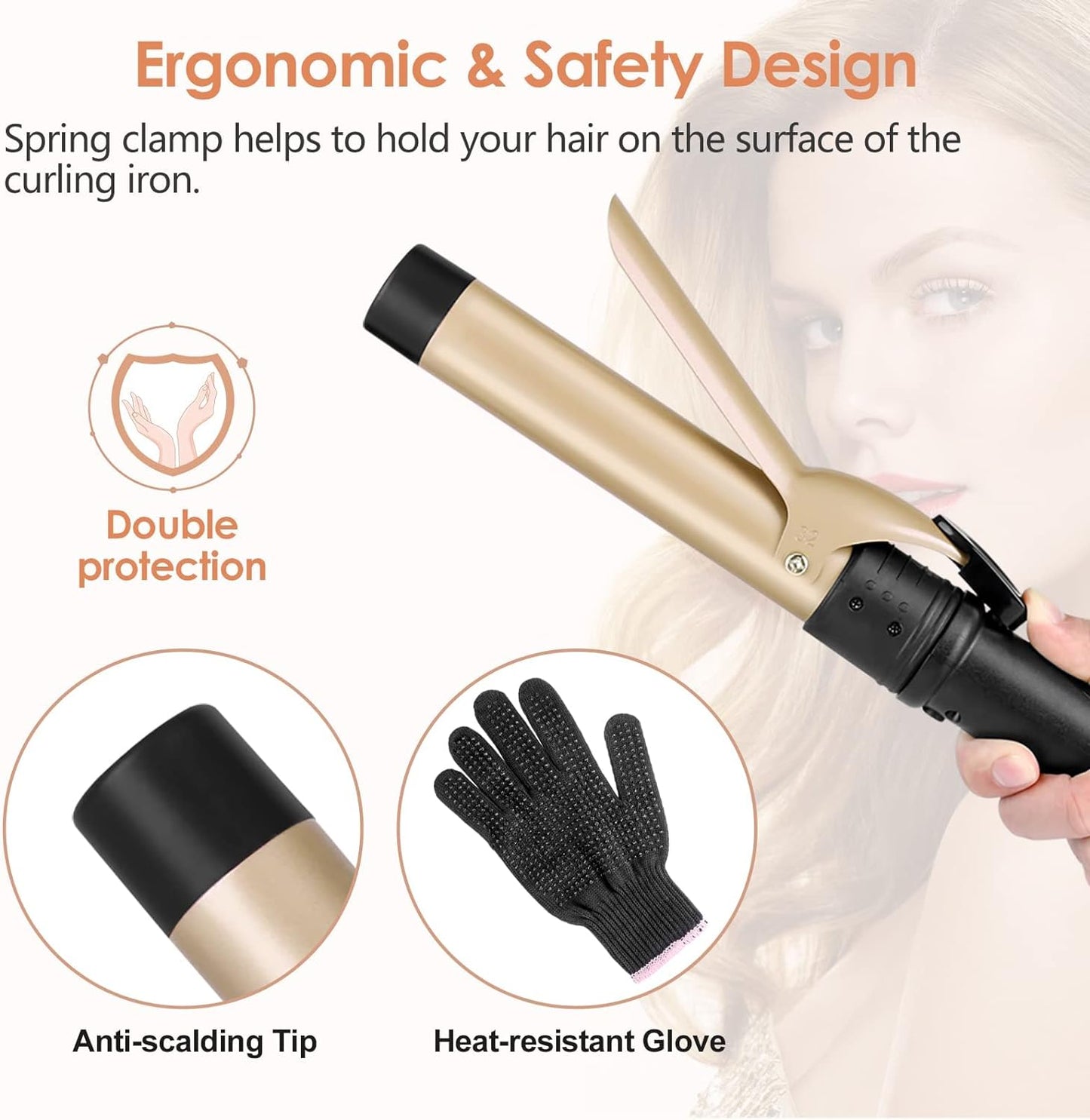 6-IN-1 Curling Iron with 2 Glove ＆ 2 Clips,Gold - OLELON