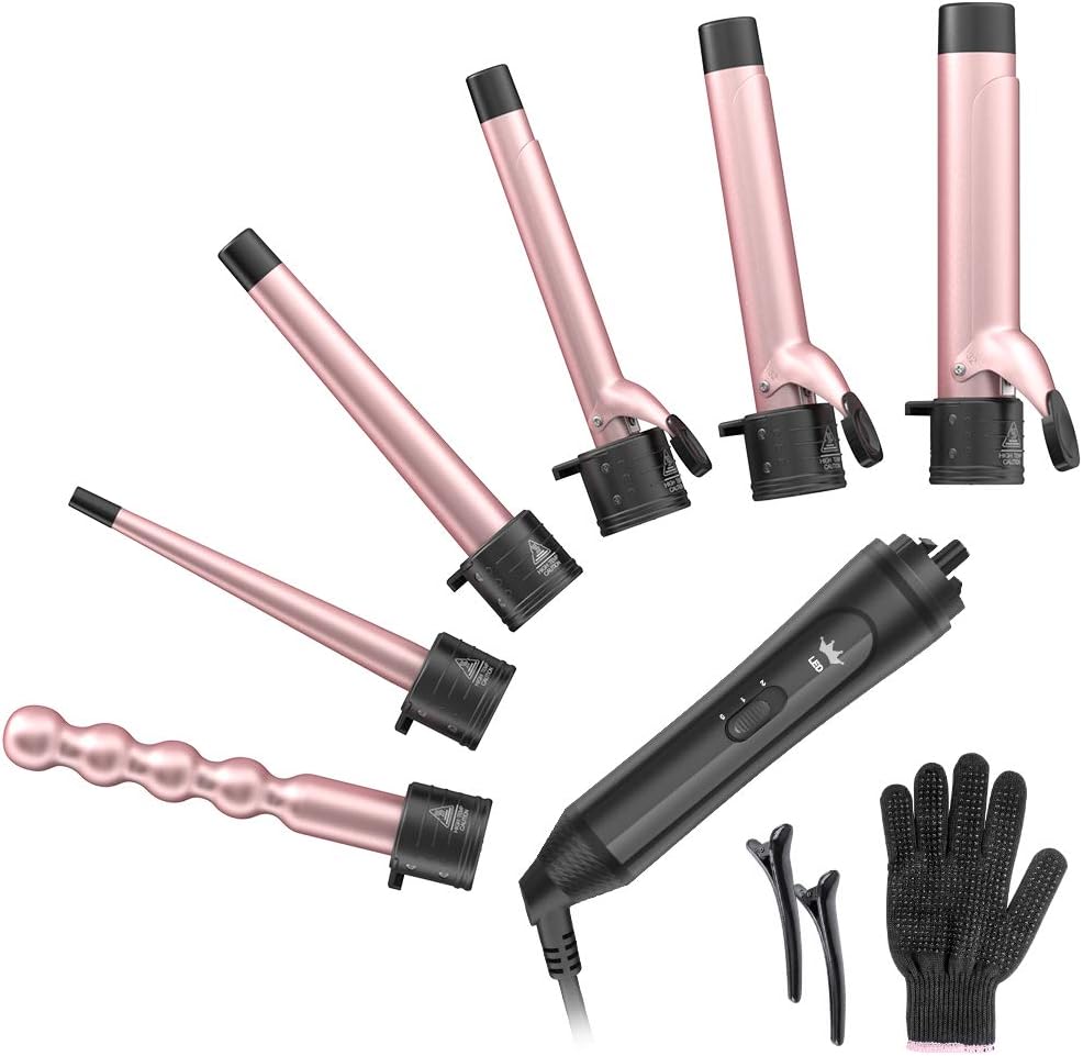 6-IN-1 Curling Iron with 2 Glove ＆ 2 Clips,Rose Gold - OLELON