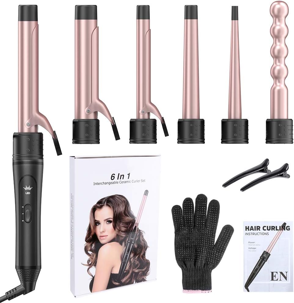 6-IN-1 Curling Iron with 2 Glove ＆ 2 Clips,Rose Gold - OLELON