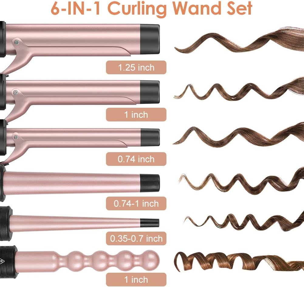 6-IN-1 Curling Iron with 2 Glove ＆ 2 Clips,Rose Gold - OLELON